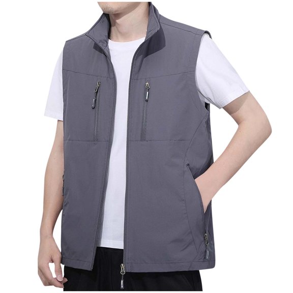 Chiccall Mens Hiking Vest with Multi Zipper Pockets Solid Sleeveless Summer Fishing Stylish Tops Gray XXXXL