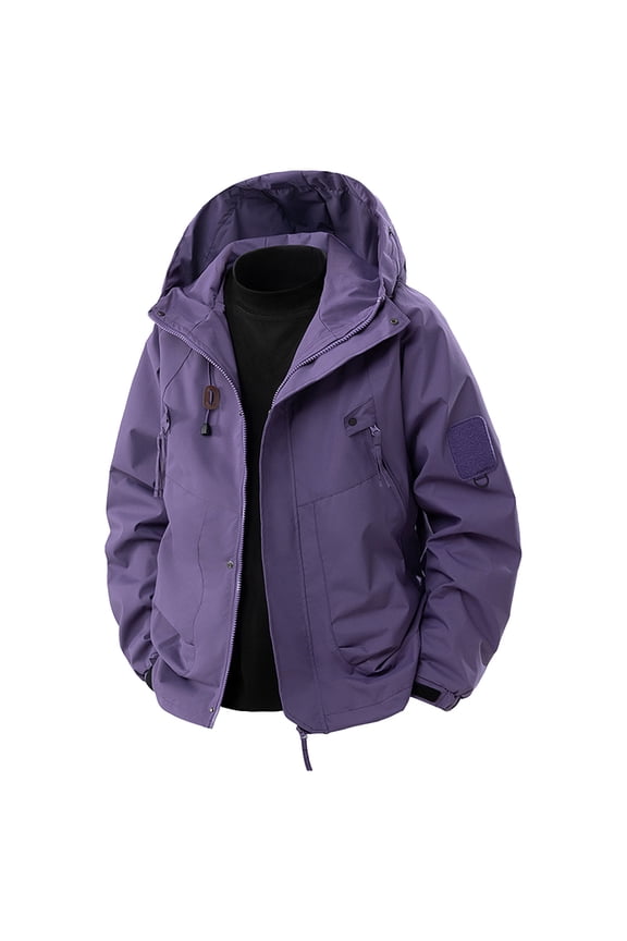 Mens Hooded Jacket Outdoor Stylish Adjustable Hem Drawstring Full Zip Snap Windbreaker Traveling Hiking Camping Windproof Waterproof Coat with Multiple Pockets