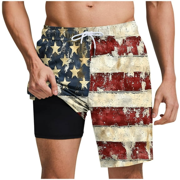 Chiccall Mens Independence Day Flag Printed Shorts Plus Size Elastic Waist Drawstring Summer Beach Swim Trunks with Pockets Yellow