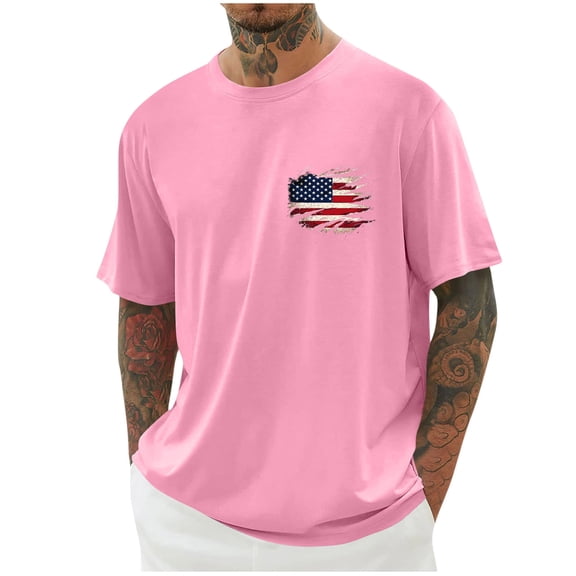 Chiccall Mens Independence Day Patriotic Day American Flag Graphic T Shirts Crew Neck Short Sleeve Casual Loose Plus Size Summer Shirt Tops 3XL Pink