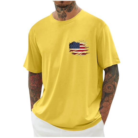 Chiccall Mens Independence Day Patriotic Day American Flag Graphic T Shirts Crew Neck Short Sleeve Casual Loose Plus Size Summer Shirt Tops L Yellow