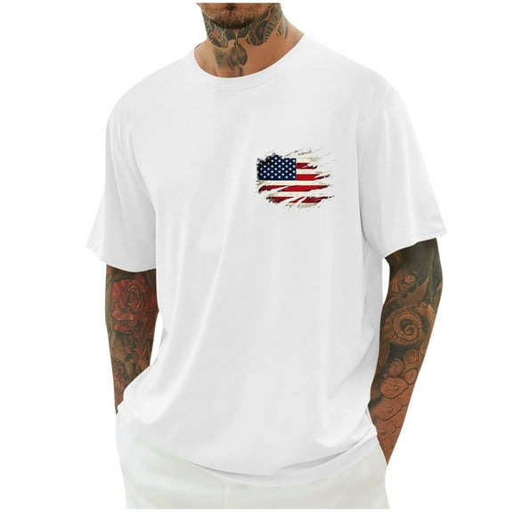 Chiccall Mens Independence Day Patriotic Day American Flag Graphic T Shirts Crew Neck Short Sleeve Casual Loose Plus Size Summer Shirt Tops XL White