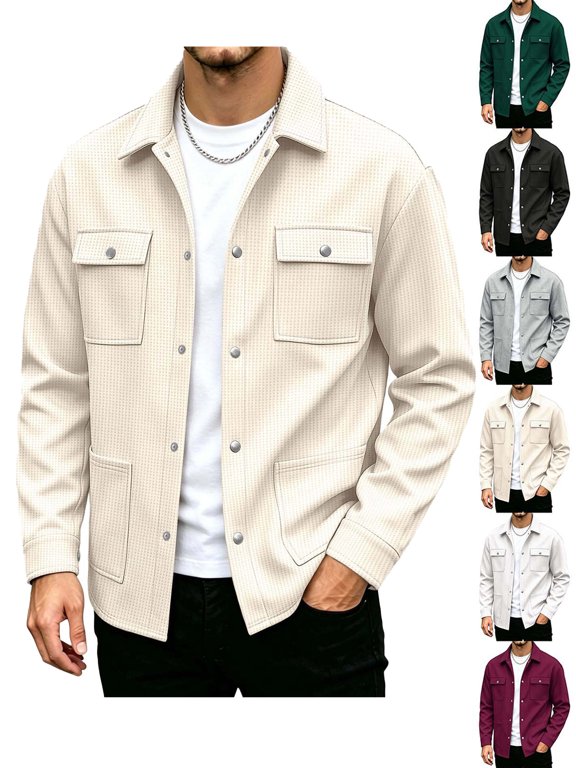 Mens Jacket Button Down Long Sleeve Solid Jacket Work Casual Lapel with 4 Pockets