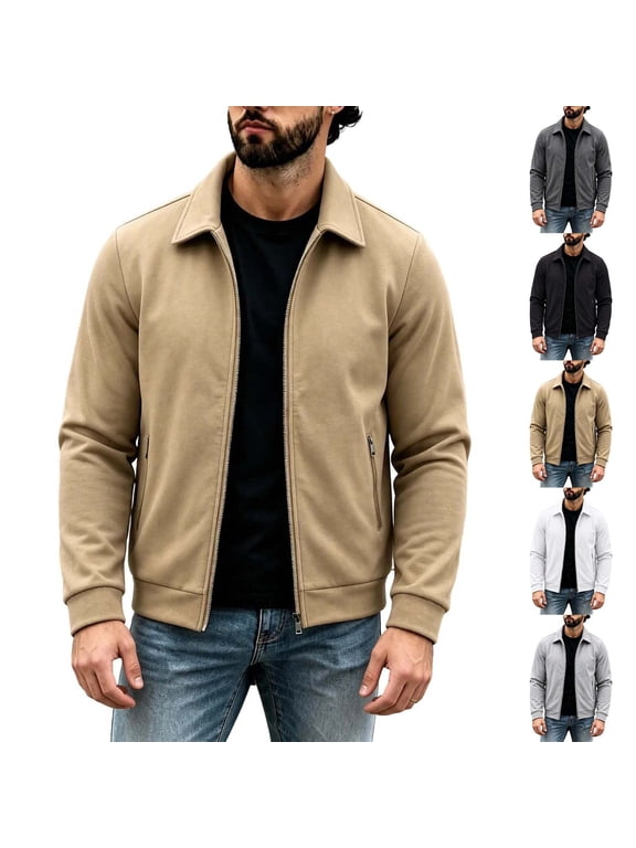 Mens Jacket Fleece Lined Zip-up Long Sleeve Jacket Fall Winter Warm Casual Athletic Sweatshirts with 2 Zip Pockets