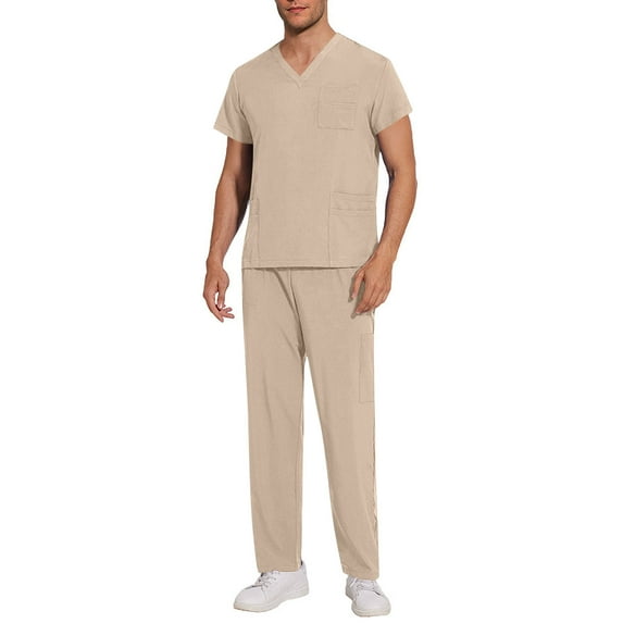 Chiccall Mens Lightweight 10 Pockets Scrub Set V Neck Strech Slit Tops & Straight Leg Elastic Waist Drawstring Pants Nursing Set for Men
