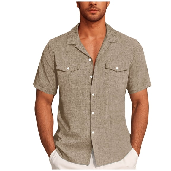 Chiccall Mens Linen Button Down Shirts with Pockets Solid Short Sleeve Lightweight Breathable Summer Beach Blouse Tops 3XL Khaki