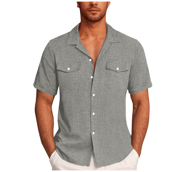 Chiccall Mens Linen Button Down Shirts with Pockets Solid Short Sleeve Lightweight Breathable Summer Beach Blouse Tops L Gray