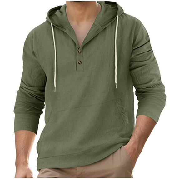 Chiccall Mens Linen Hooded Shirts Casual Loose Long Sleeve Half Button Lightweight Fashion Pullover Hoodie with Pocket