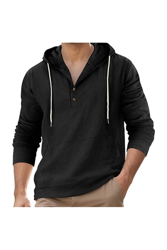 Mens Linen Hooded Shirts Casual Loose Long Sleeve Half Button Lightweight Fashion Pullover Hoodie with Pocket