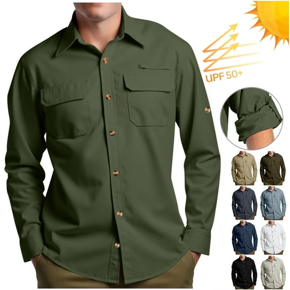 Chiccall Mens Long Sleeve Sun Protection Shirts UPF 50  UV Breathable Quick Dry 2 Pockets Button Down Shirts for Fall Outdoor Party Hiking Fishing Camping