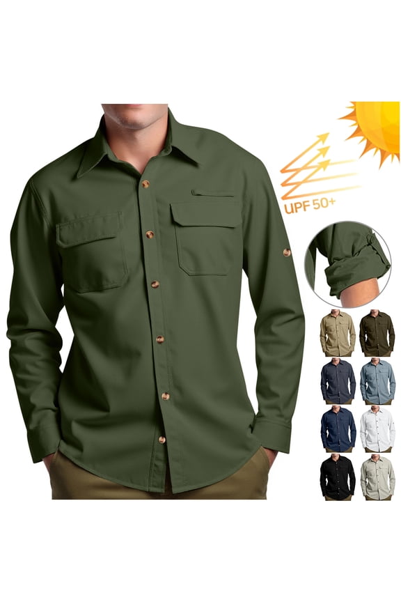 Mens Long Sleeve Sun Protection Shirts UPF 50+ UV Breathable Quick Dry 2 Pockets Button Down Shirts for Fall Outdoor Party Hiking Fishing Camping