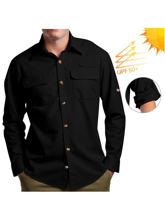 Mens Long Sleeve Sun Protection Shirts UPF 50+ UV Breathable Quick Dry 2 Pockets Button Down Shirts for Fall Outdoor Party Hiking Fishing Camping