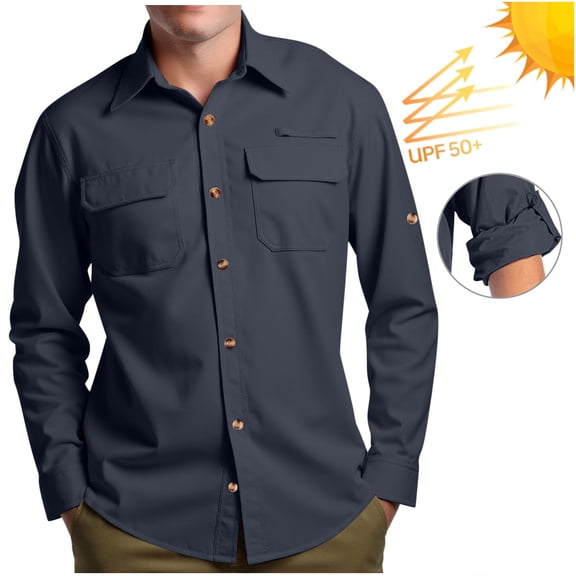 Smsaxvxz Mens Long Sleeve Sun Protection Shirts UPF 50+ UV Breathable Quick Dry 2 Pockets Button Down Shirts for Fall Outdoor Party Hiking Fishing Camping