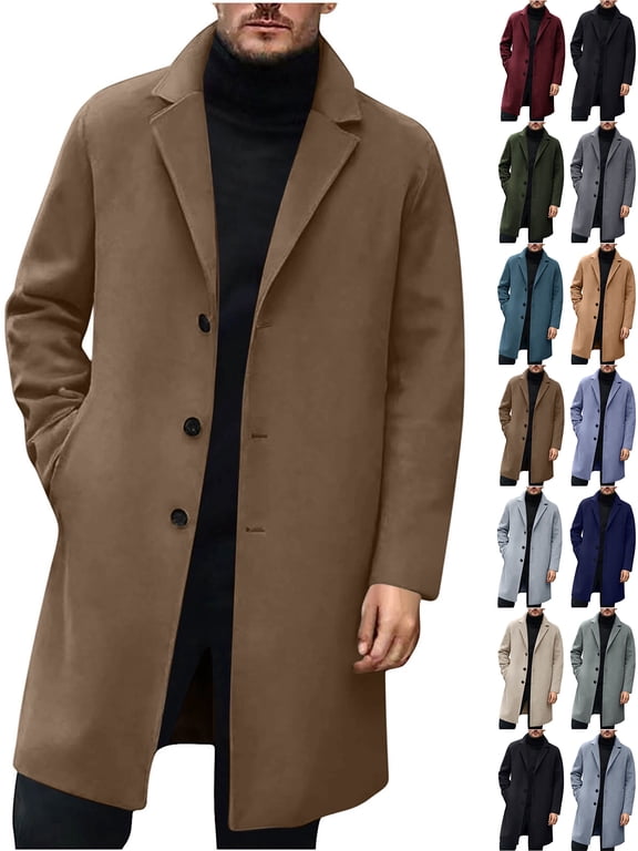 Mens Long Trench Coat Single Breasted Notch Lapel Overcoat Casual Cozy Soft Warm Peacoat with Pocket