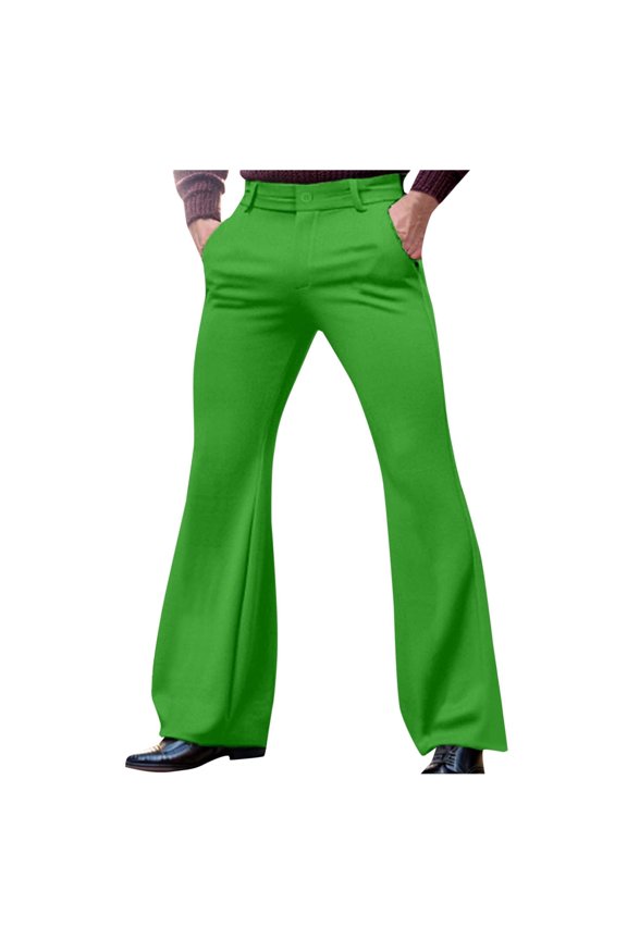 Mens Pants Relaxed Stretch Classic Flared 70s Style Bell Bottom Pants Green L