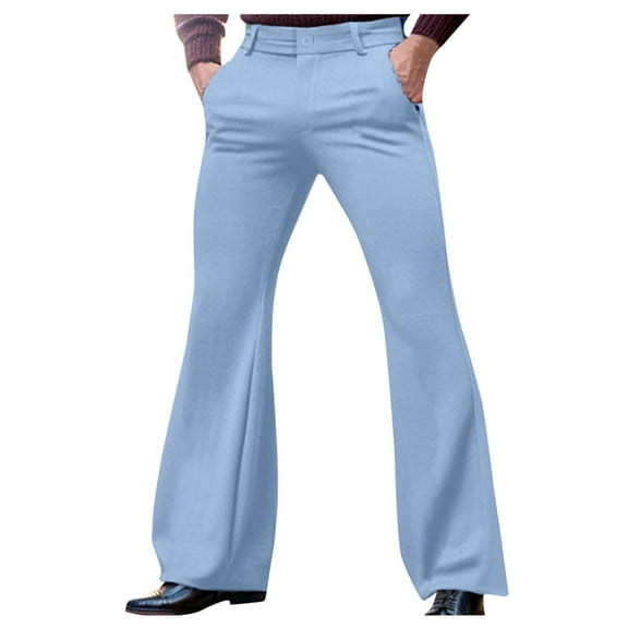 Chiccall Mens Pants Relaxed Stretch Classic Flared 70s Style Bell Bottom Pants Light Blue L