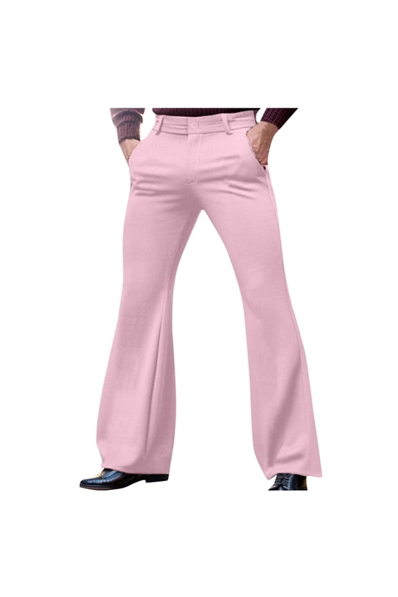 Mens Pants Relaxed Stretch Classic Flared 70s Style Bell Bottom Pants Pink 2XL