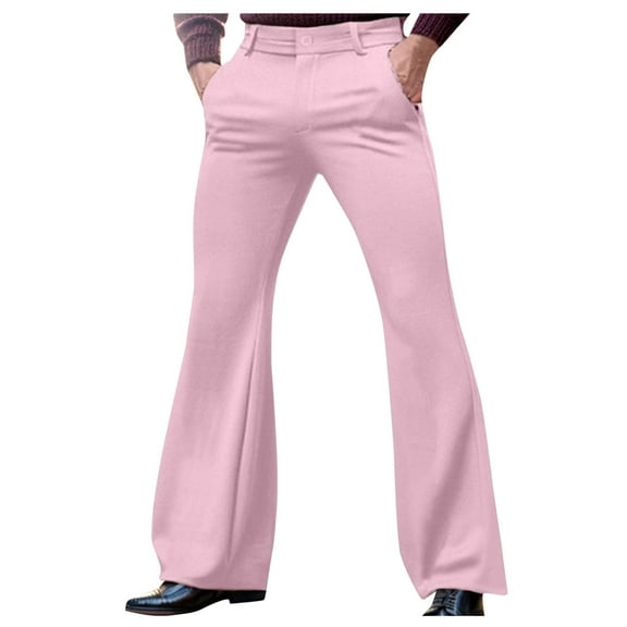 Chiccall Mens Pants Relaxed Stretch Classic Flared 70s Style Bell Bottom Pants Pink L