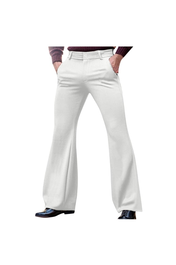 Mens Pants Relaxed Stretch Classic Flared 70s Style Bell Bottom Pants White XL