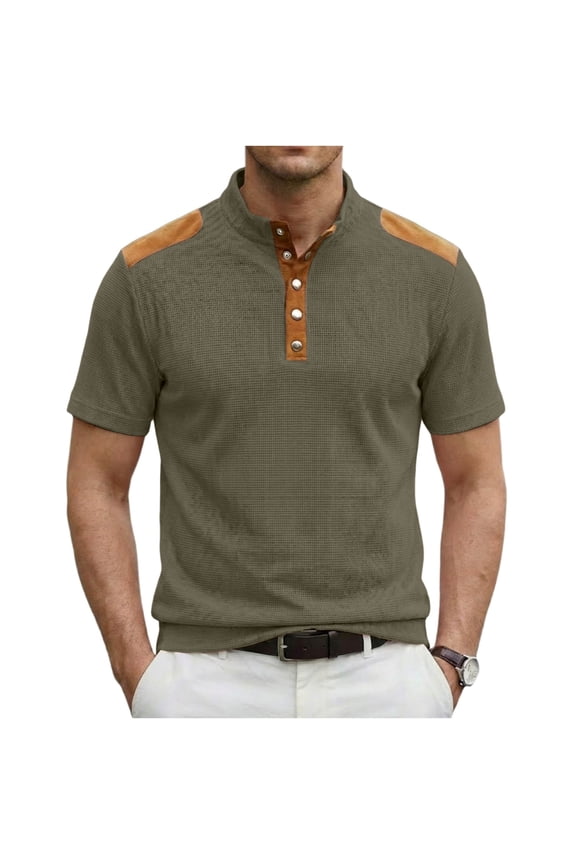 Mens Performance Shirts Short Sleeve Texture Knitted Colorblock Quarter Snap Shirt Lightweight Mock Neck Tee