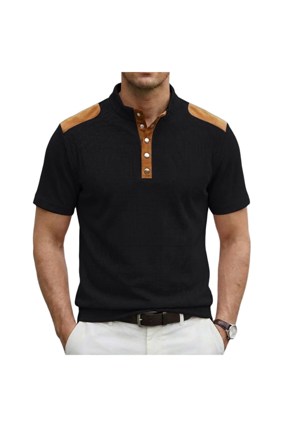 Mens Performance Shirts Short Sleeve Texture Knitted Colorblock Quarter Snap Shirt Lightweight Mock Neck Tee