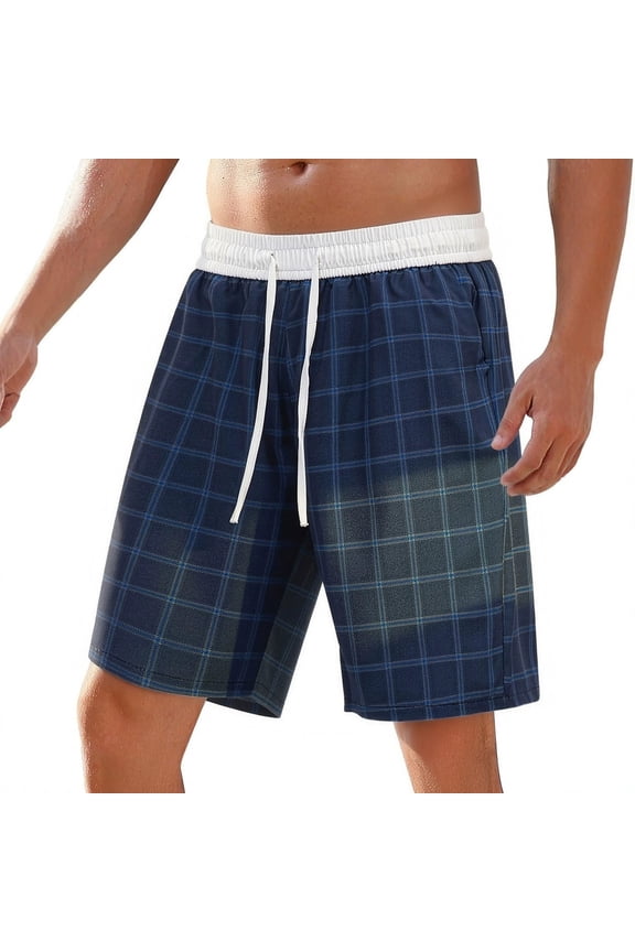 Mens Plaid Bermuda Shorts Plus Size Contrast White Elastic Quickly Dry Drawstring Waist Straight Leg Shorts Side Storage Pockets Lightly Breathable Print Summer Beach Resort Shorts
