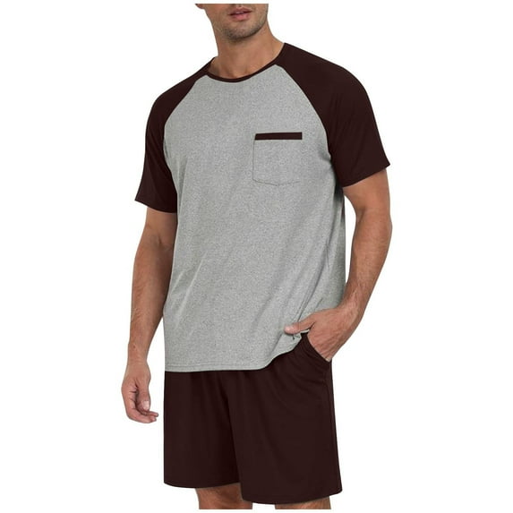 Chiccall Mens Plus Size 2 Piece Raglan Short Sleeve Colorblock Pocket T Shirts Solid Elastic Shorts Casual Pajama Set Brown 3XL