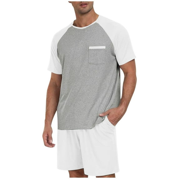 Chiccall Mens Plus Size 2 Piece Raglan Short Sleeve Colorblock Pocket T Shirts Solid Elastic Shorts Casual Pajama Set White 4XL