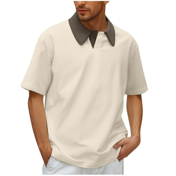 Chiccall Mens Plus Size Colorblock Shirts Casual Fashion Loose Short Sleeve Tee Tops Beige XL