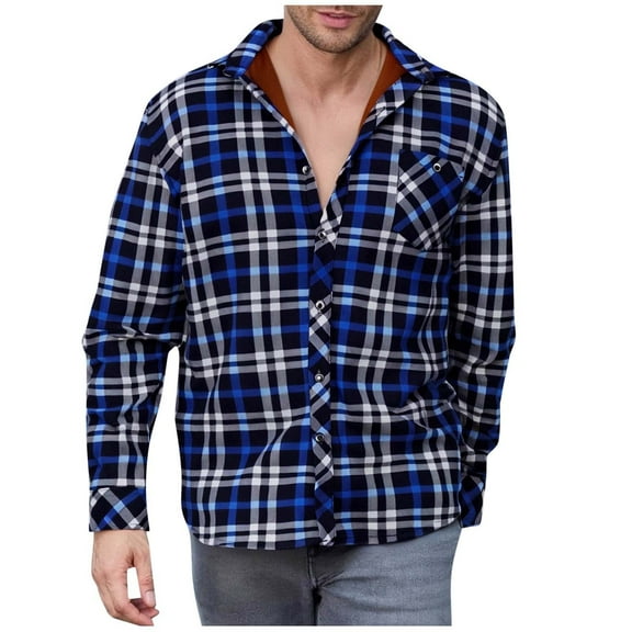 Chiccall Mens Plus Size Flannel Shirts Classic Plaid Colorblock Fleece Button Down Shirts Thickened Warm Sweaters Casual Checkered Lapel Coat with Front Pocket
