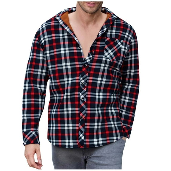 Chiccall Mens Plus Size Flannel Shirts Classic Plaid Colorblock Fleece Button Down Shirts Thickened Warm Sweaters Casual Checkered Lapel Coat with Front Pocket