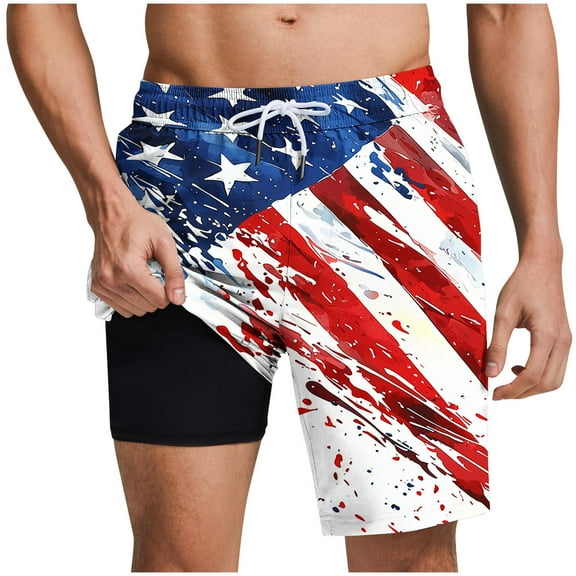 Chiccall Mens Plus Size Independence Day Graphic Swim Trunks July 4th Flag Printed Shorts Summer Beach Elastic Waist Drawstring Shorts for Men