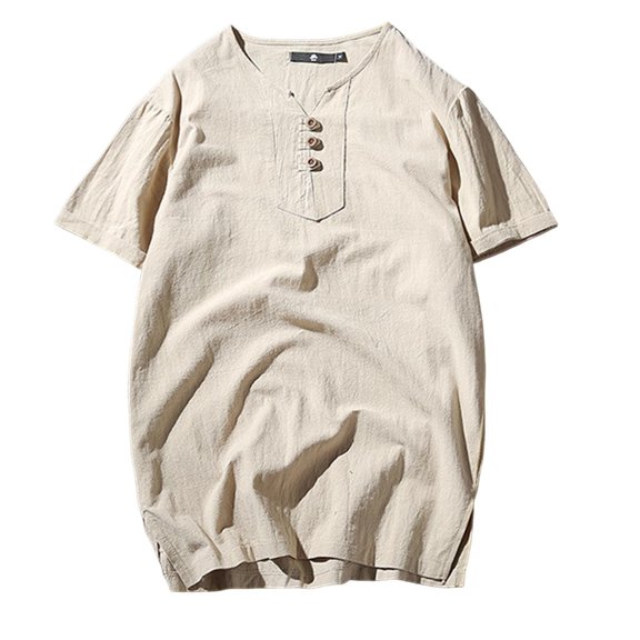 Chiccall Mens Plus Size T Shirts 2025 Summer Short Sleeve V Neck Button Tees Breathable Casual Loose Tops Khaki L