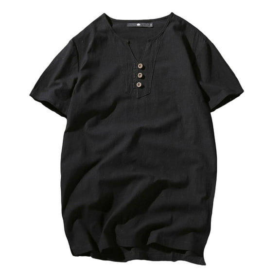 Chiccall Mens Plus Size T Shirts 2025 Summer Short Sleeve V Neck Button Tees Breathable Casual Loose Tops Black XL