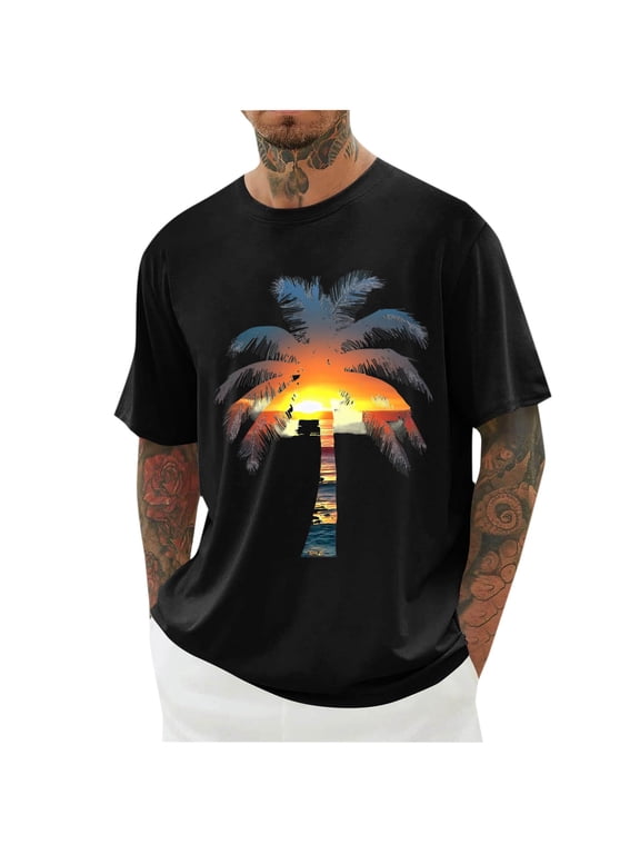 Mens Plus Size T Shirts Summer Beach Short Sleeve Crew Neck Casual Tropical Graphic Tees Tops
