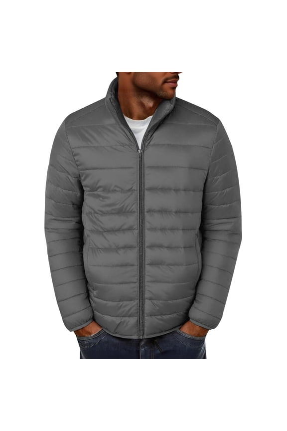 Mens Puffer Jacket Winter Warm Stand Collar Quilted Jacket Lightweight Zip Up Insulated Puffy Coat with Pocket