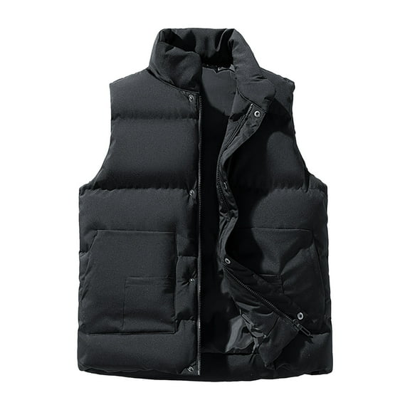 Chiccall Mens Puffer Sleeveless Jacket Quilted Jackets Warm Full Zip Outwear Vest Winter Casual Solid Outdoor Stand Collar Windproof Oversized Coat Tops with Snap Pocket
