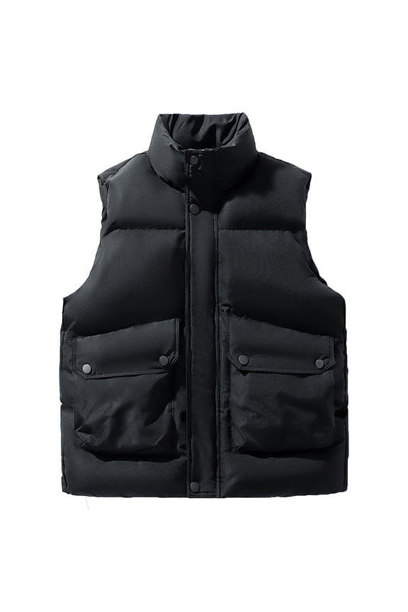 Mens Puffer Vest Plus Size Warm Snap Stand Collar Windproof Full Zip Quilted Vest Winter Fashion Solid Puffer Jacket with Inside Pocket