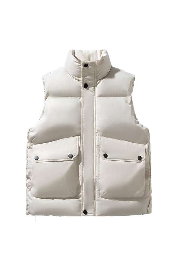 Mens Puffer Vest Plus Size Warm Snap Stand Collar Windproof Full Zip Quilted Vest Winter Fashion Solid Puffer Jacket with Inside Pocket
