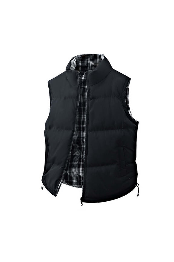 Mens Reversible Puffer Vest Quilted Cotton Vest Plaid Full Zip Stand Collar Winter Warm Jackets with Pockets