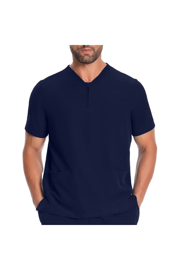 Mens Scrub Tops with 3 Deep Pockets Comfy Stretch Short Sleeve Quarter Zip V Neck Nursing Tops