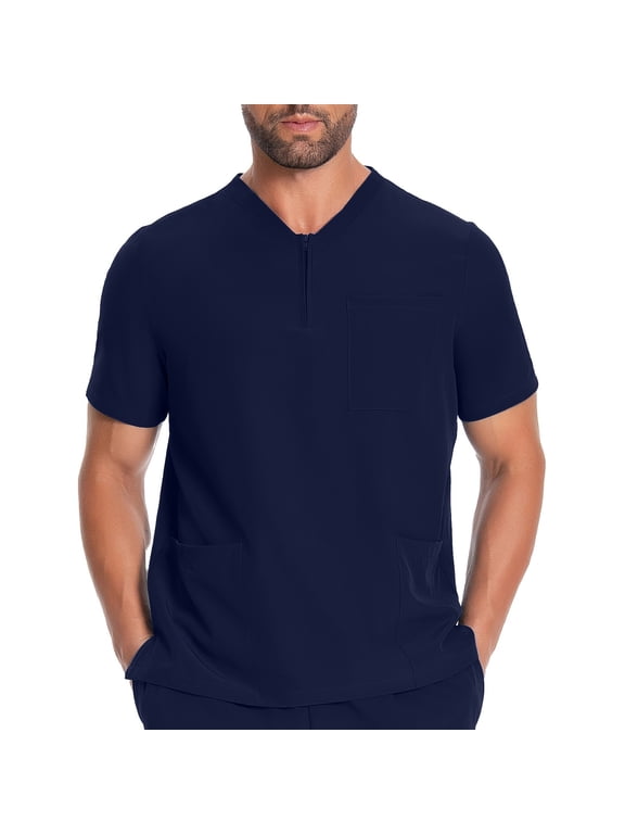 Mens Scrub Tops with 3 Deep Pockets Comfy Stretch Short Sleeve Quarter Zip V Neck Nursing Tops