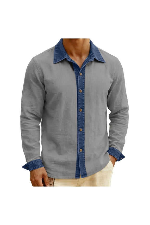Mens Shirts Linen Denim Patchwork Long Sleeve Casual Stylish Button Down Collared Shirt with Pocket