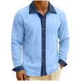 thumbnail image 1 of Chiccall Mens Shirts Linen Denim Patchwork Long Sleeve Casual Stylish Button Down Collared Shirt with Pocket, 1 of 6