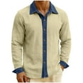 thumbnail image 1 of Chiccall Mens Shirts Linen Denim Patchwork Long Sleeve Casual Stylish Button Down Collared Shirt with Pocket, 1 of 6