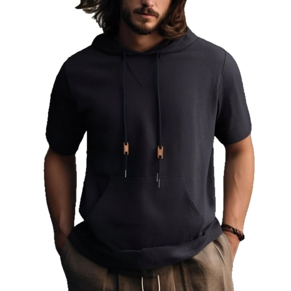 Chiccall Mens Short Sleeve Hoodie Drawstring Solid Color Breathable Tops Summer Casual Comfy Shirts with Pocket
