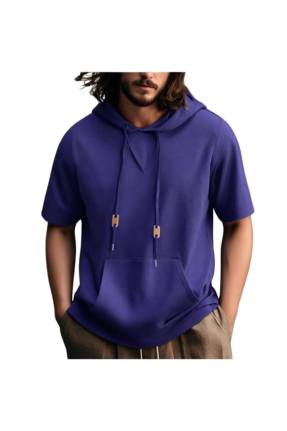 Mens Short Sleeve Hoodie Drawstring Solid Color Breathable Tops Summer Casual Comfy Shirts with Pocket