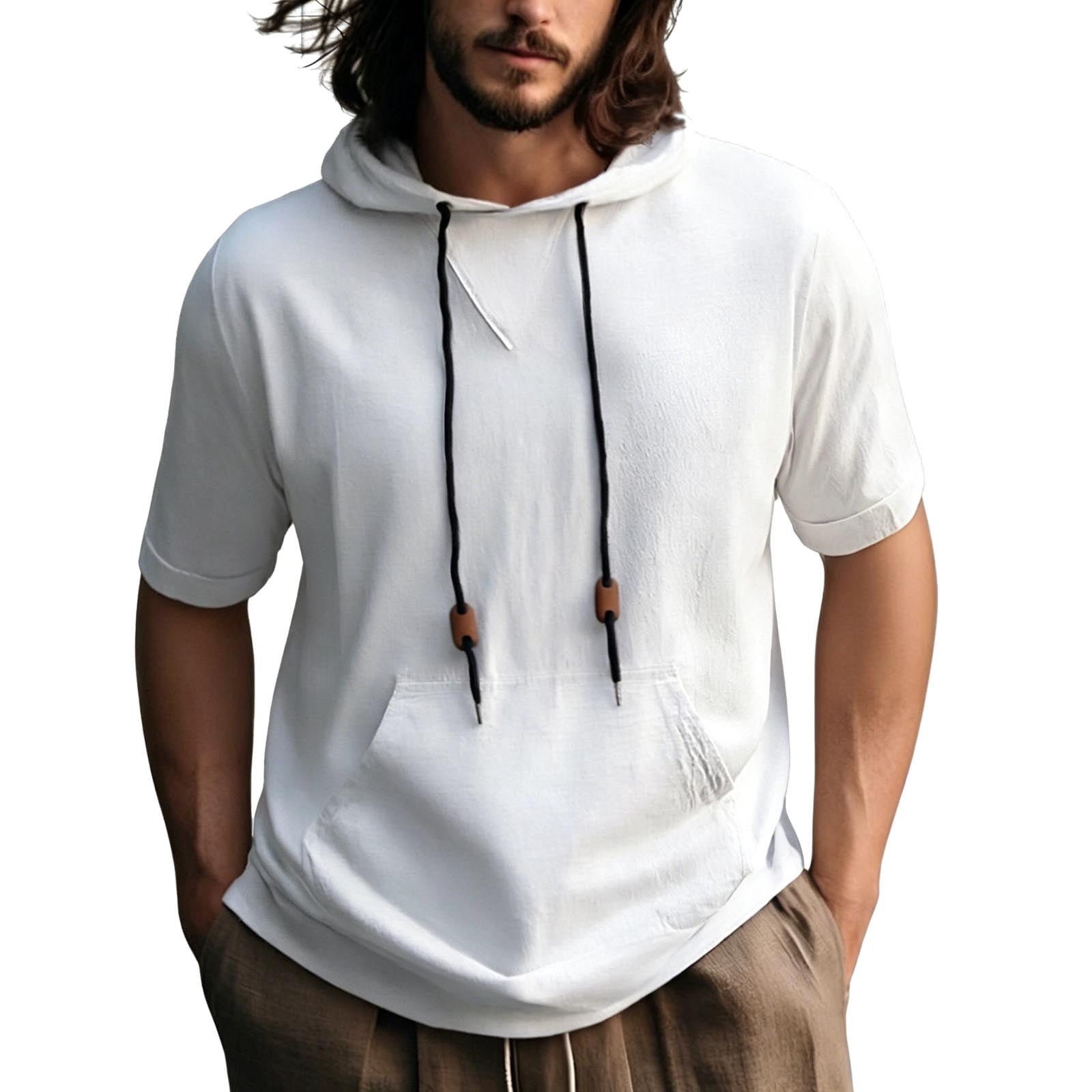 chiccall-mens-short-sleeve-hoodie-drawstring-solid-color-breathable