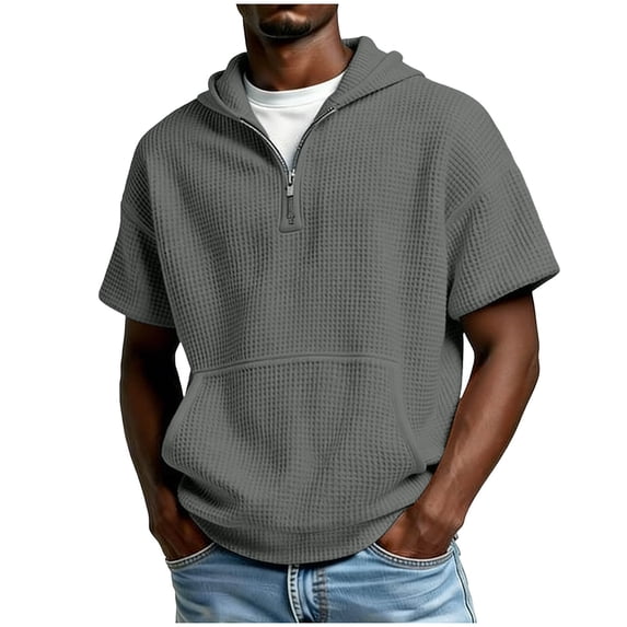 Chiccall Mens Short Sleeve Hoodies Casual Summer Fashion Textured Knitted Quarter Zip T Shirts Fashion Loose Pullover Tops