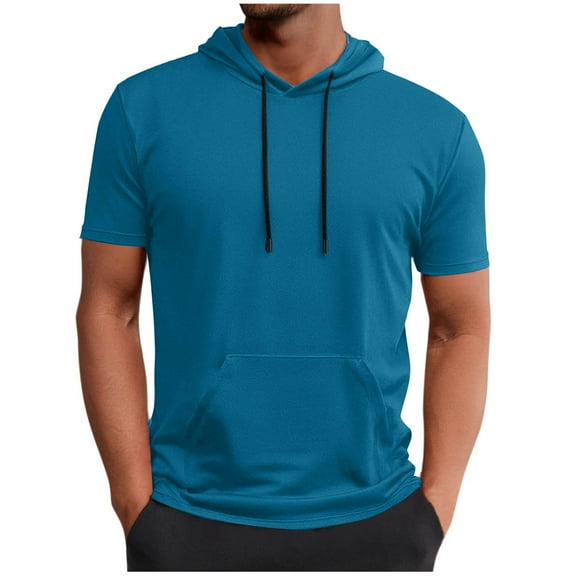 Chiccall Mens Short Sleeve Mesh Hoodie with Kangaroo Pocket Plus Size Drawstring Hooded Shirts Casual Workout Athletic Summer Tops Light Blue M